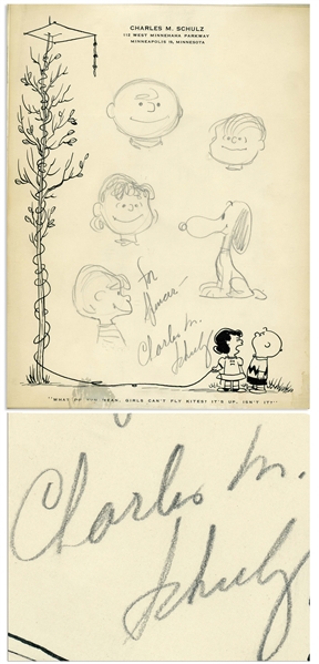 Charles Schulz Drawing of His ''Peanuts'' Characters From 1957 -- Includes Charlie Brown, Snoopy, Lucy, Linus & Schroeder